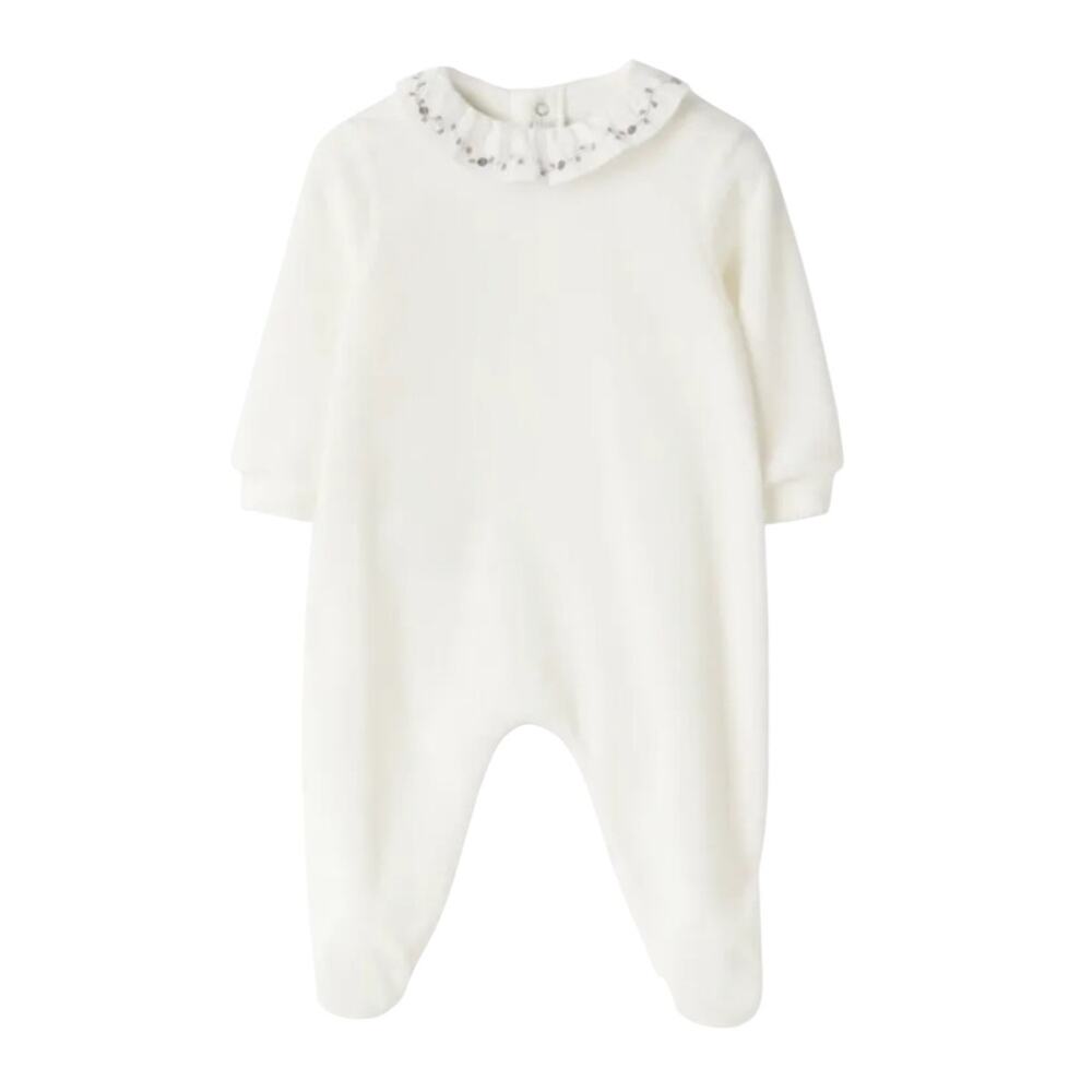 Il Gufo baby white cotton velour jumpsuit floral embroidered collar Size 9M NWT